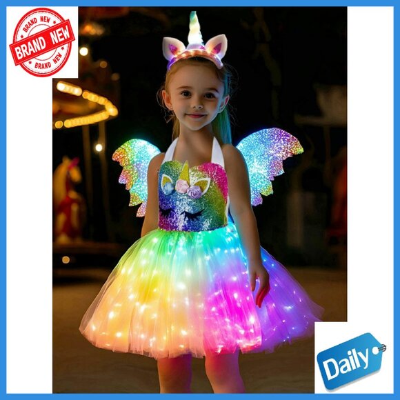 LED Light Up Unicorn Tutu Dress with Wing for Girls Halloween Birthday